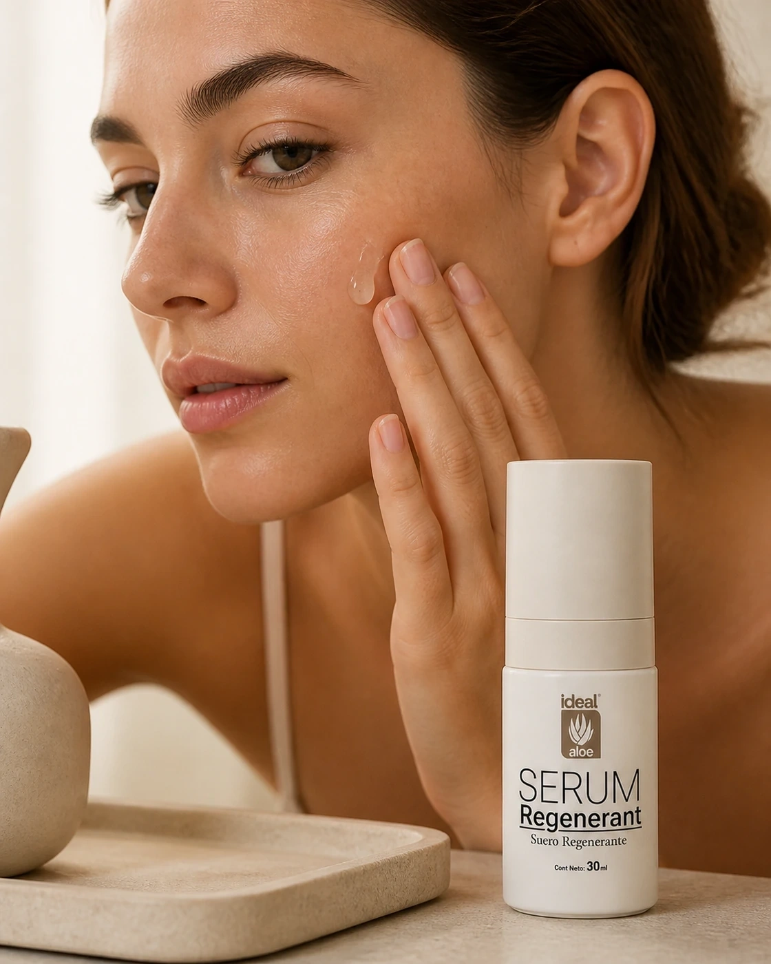 Ideal Serum Regenerante aplicado sobre la mejilla junto a un tocador cálido y minimalista