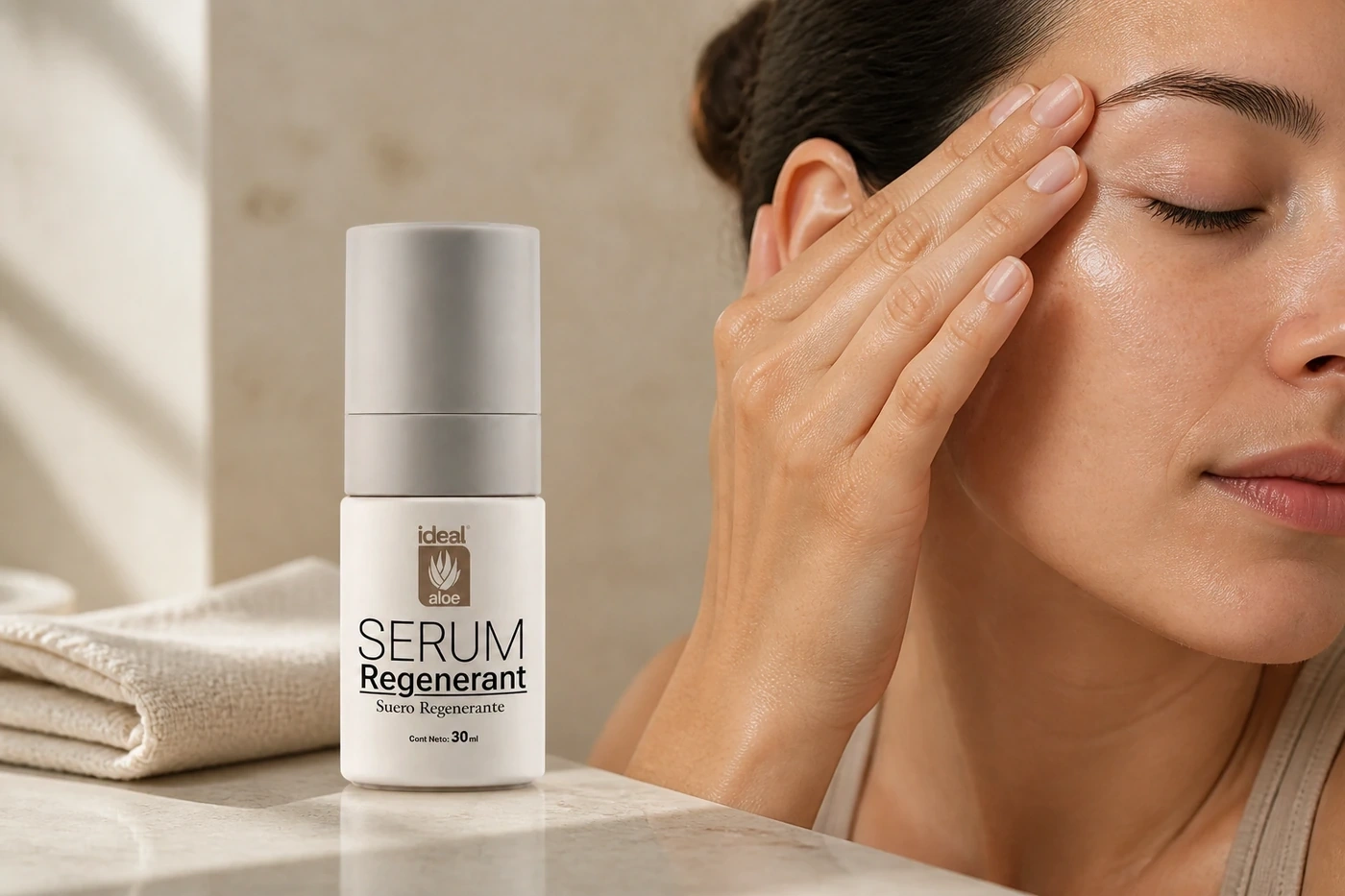 Ideal Serum Regenerante junto a una aplicación localizada en frente y mejilla