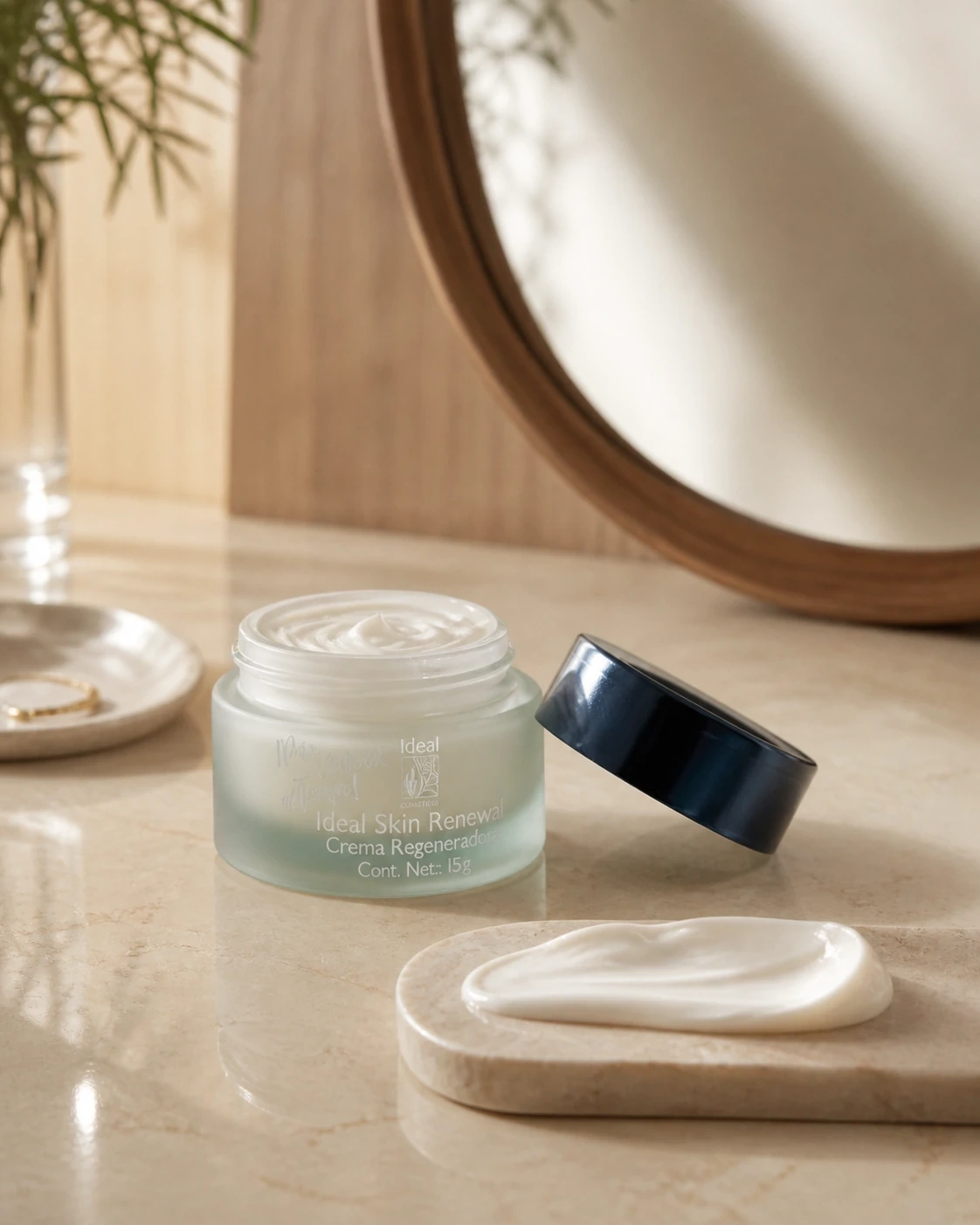 Ideal Skin Renewall de Ideal abierto sobre mármol con textura de crema y tapa azul