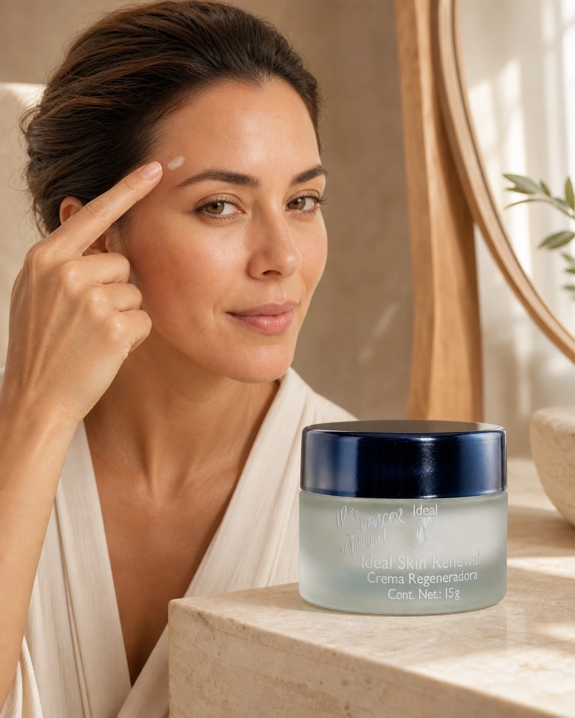 Mujer aplica Ideal Skin Renewall de Ideal frente a un espejo con el frasco visible