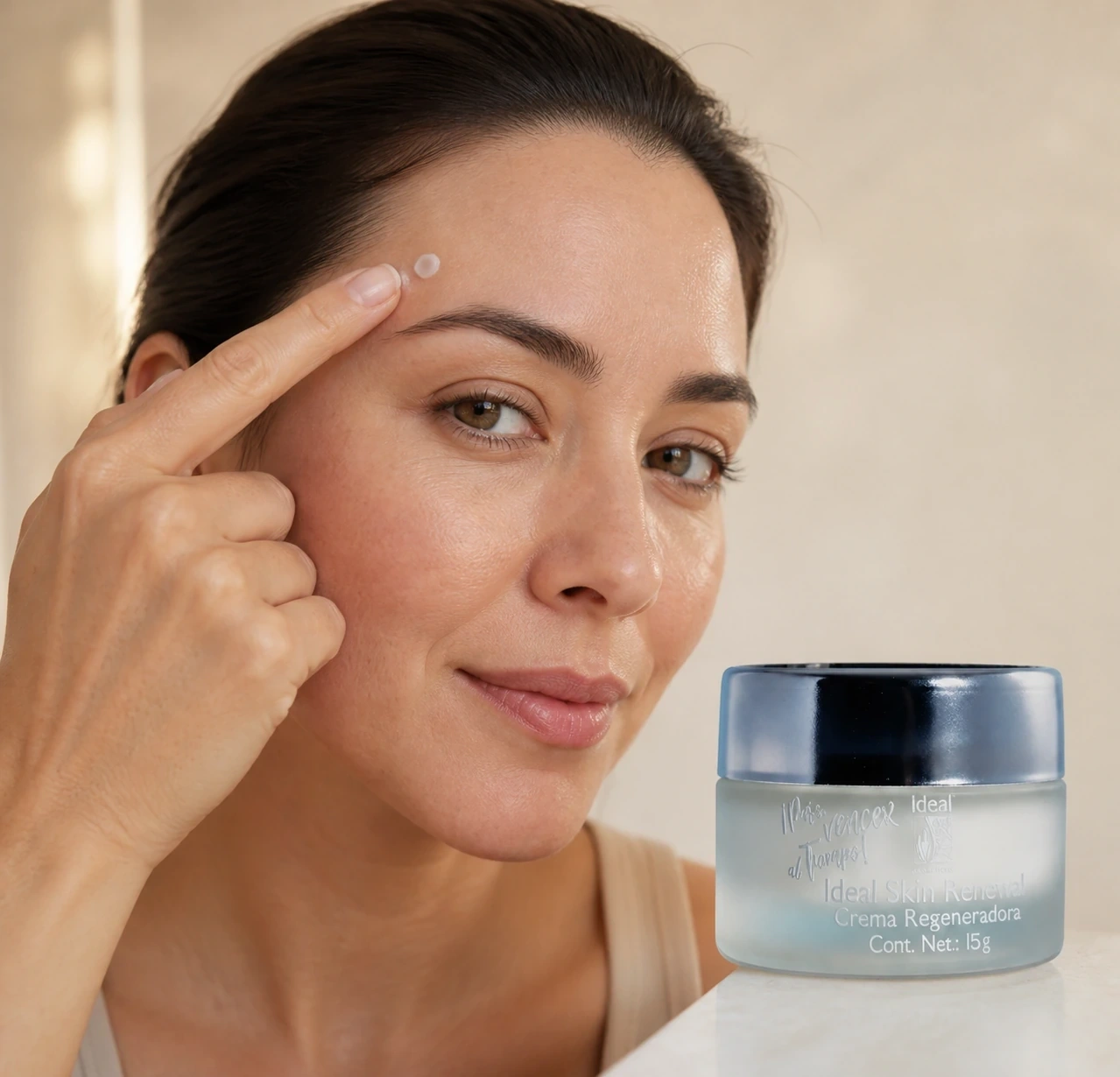 Mujer aplica Ideal Skin Renewall de Ideal en frente y sien junto al envase
