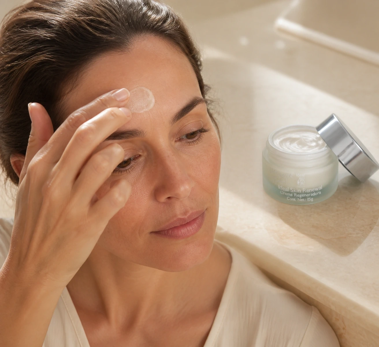 Aplicación localizada de Ideal Skin Renewall de Ideal en la frente