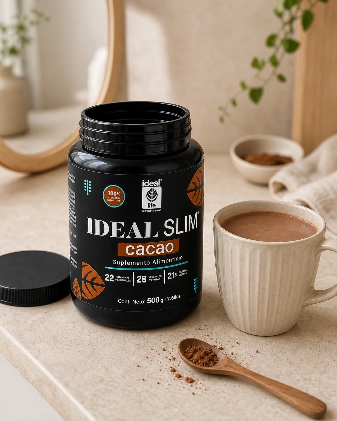 Detalle de Ideal Slim cacao 500 g abierto junto a una taza y cacao