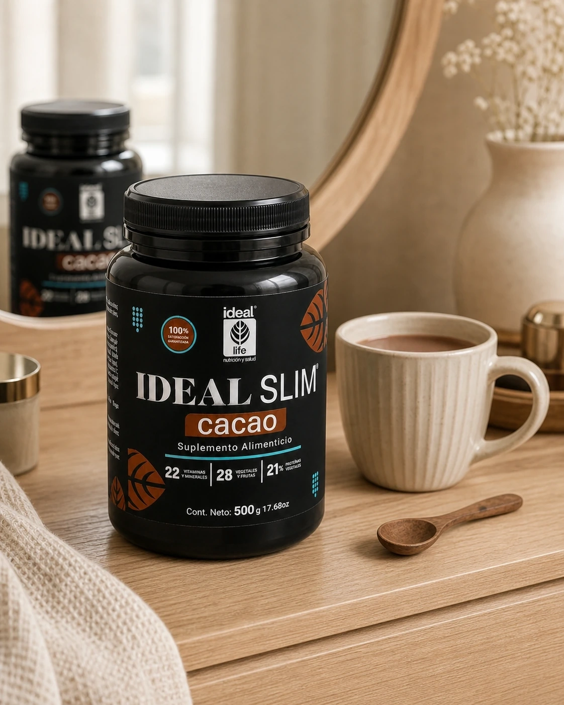 Ideal Slim cacao 500 g en una escena cálida de tocador junto a una taza de cacao