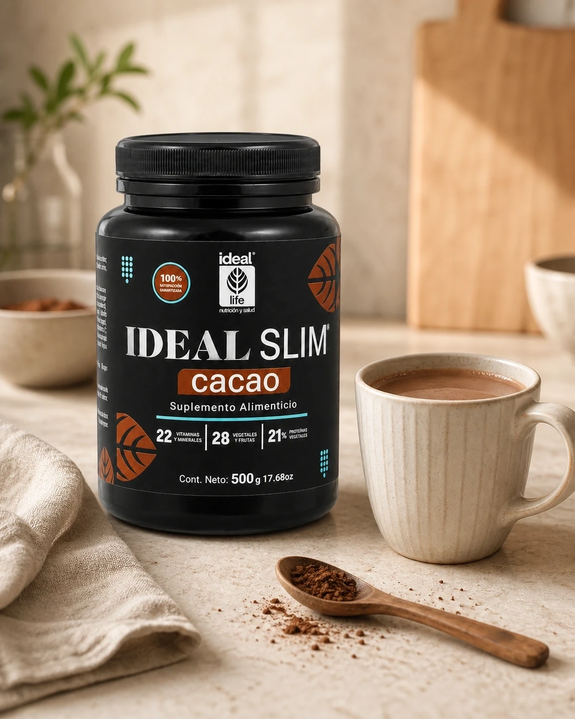 Ideal Slim 500gr sabor cacao junto a una bebida de cacao en cocina
