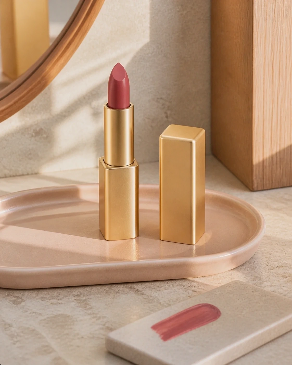 Labial Éclat dorado abierto con tono rosa malva, tapa y muestra sobre una bandeja