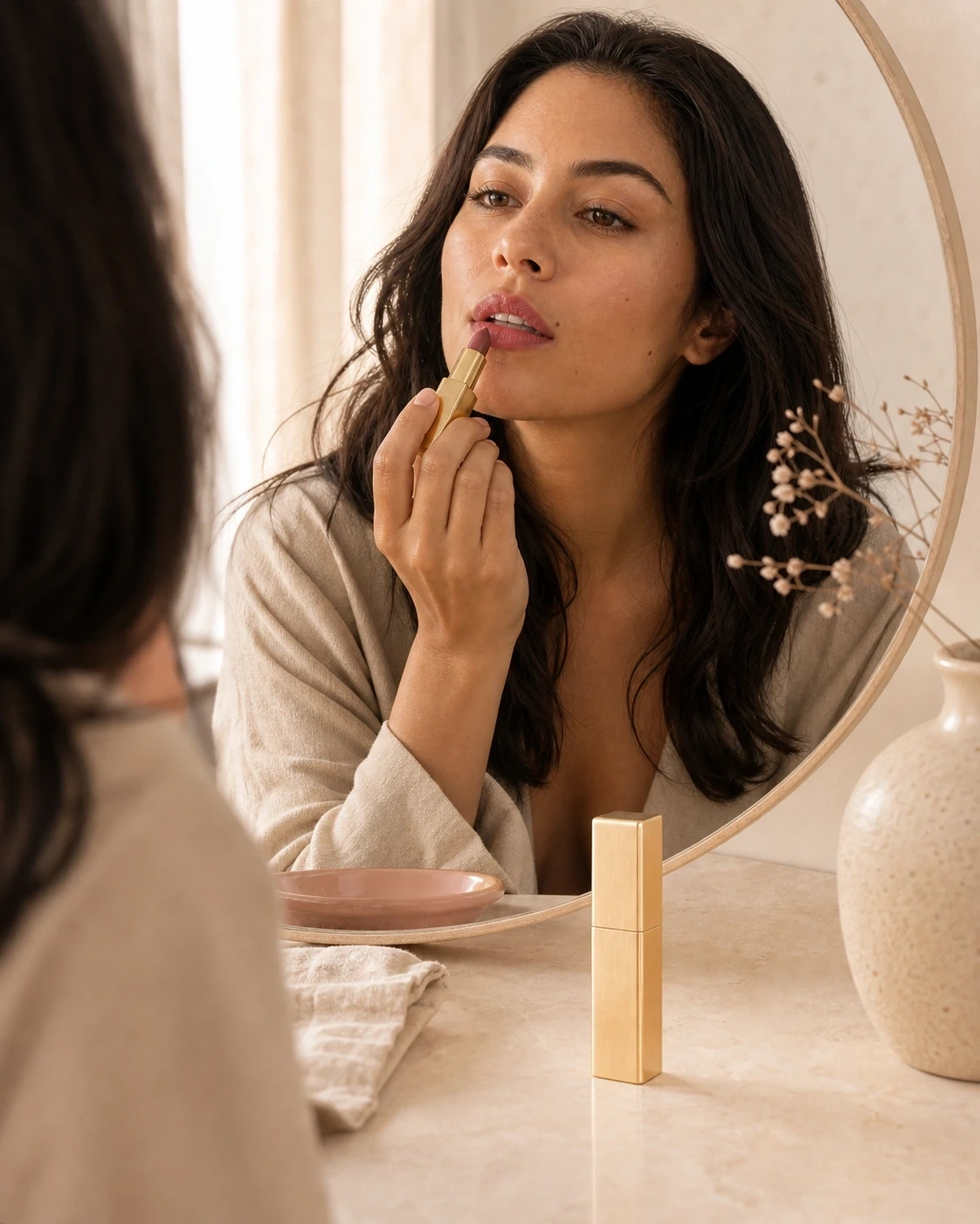 Labial Éclat dorado aplicado por una modelo frente a un espejo en un tocador cálido