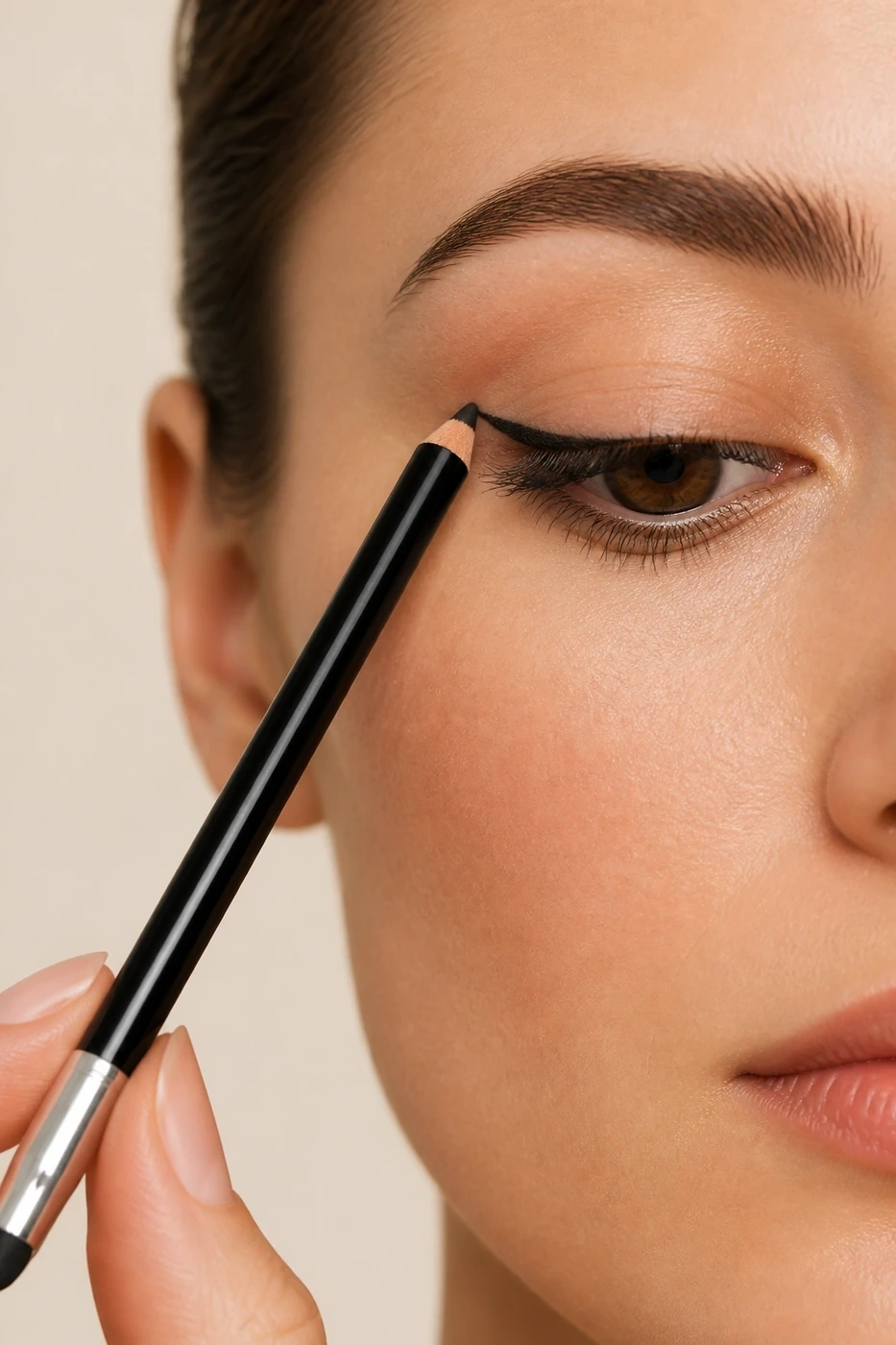 Aplicación precisa del lápiz delineador de ojos negro de Éclat sobre la línea superior de pestañas