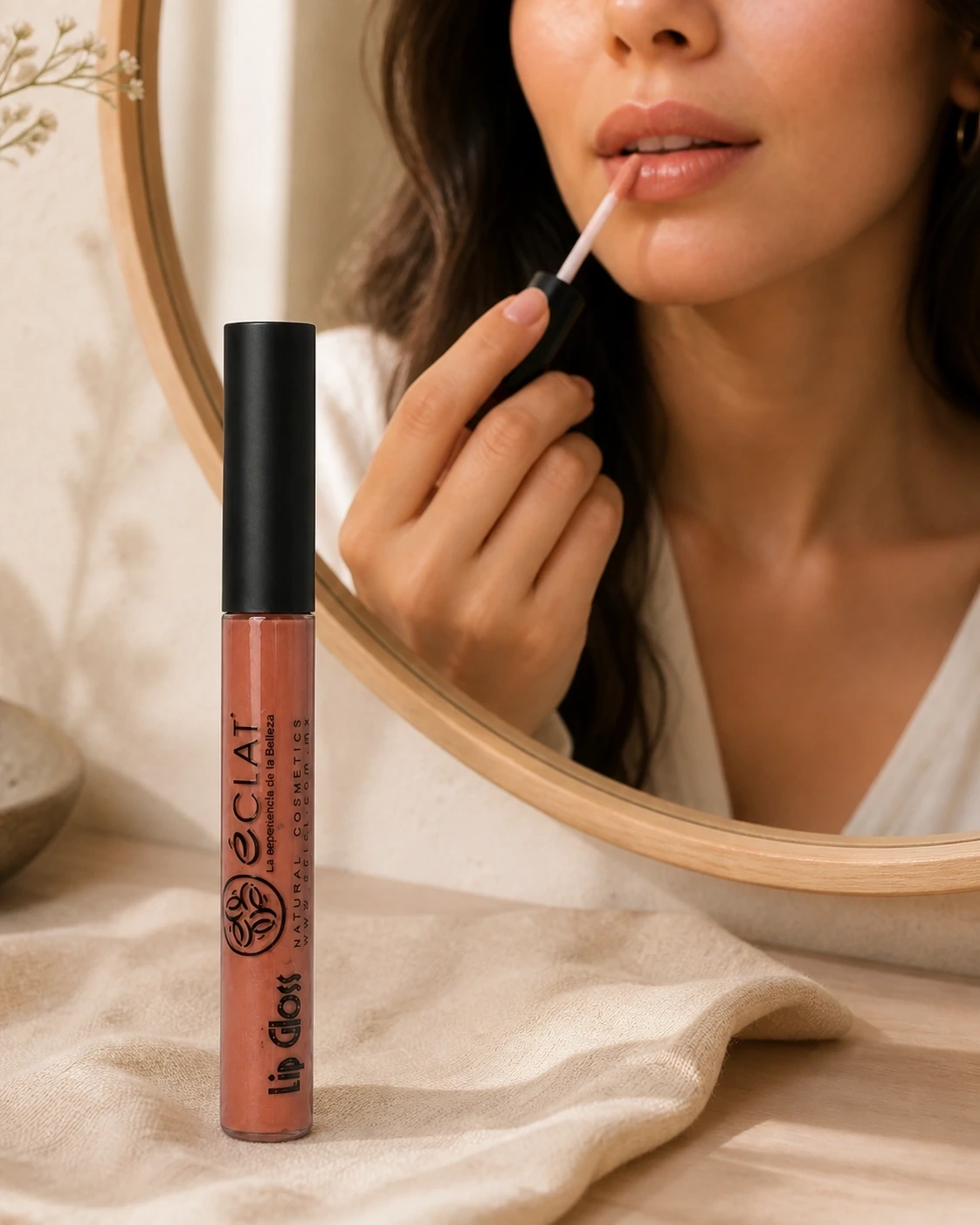 Lip gloss Eclat nude durazno aplicado por una modelo frente a un espejo
