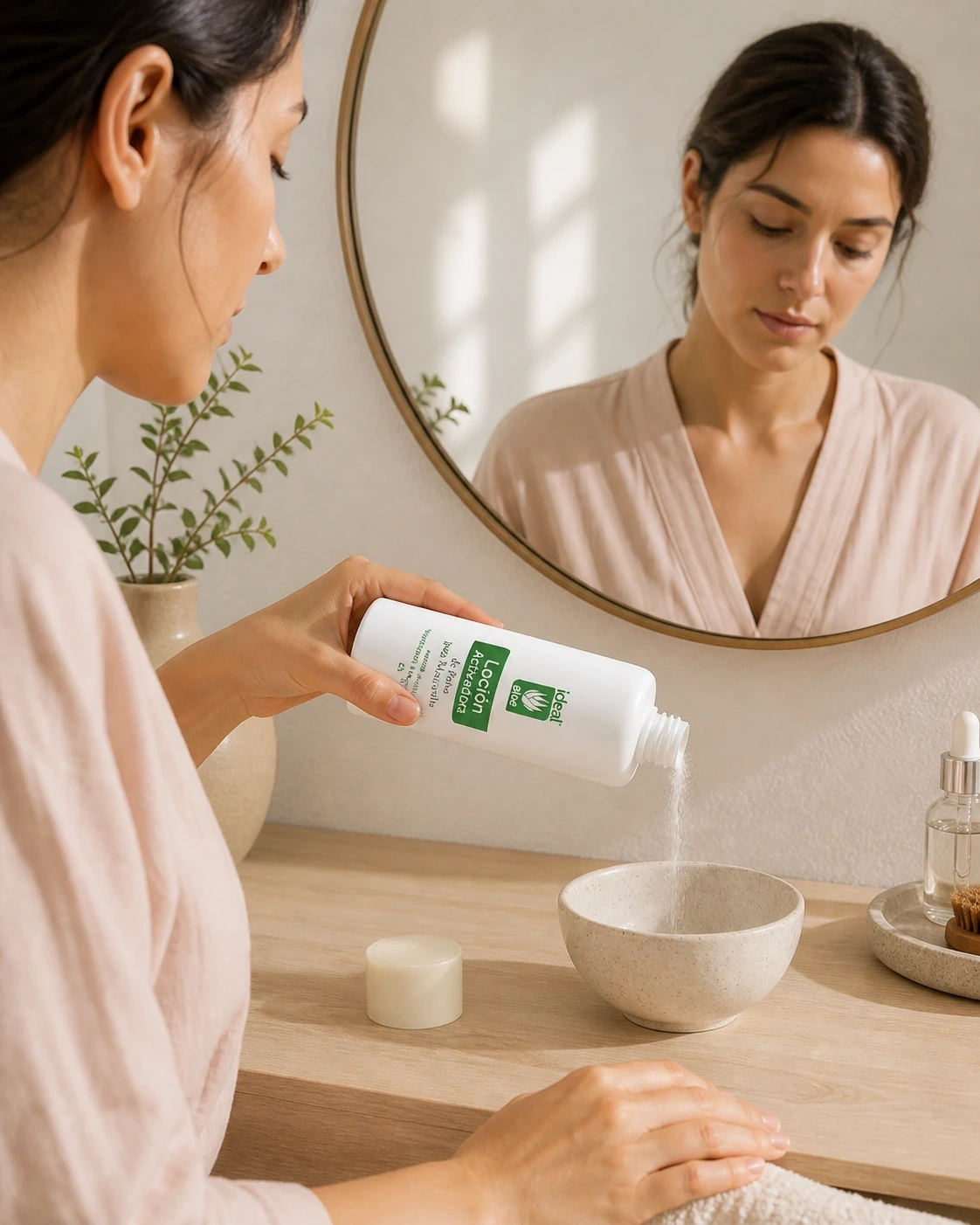 Loción Activadora de Mascarilla vertida en un cuenco durante un ritual facial frente al espejo.