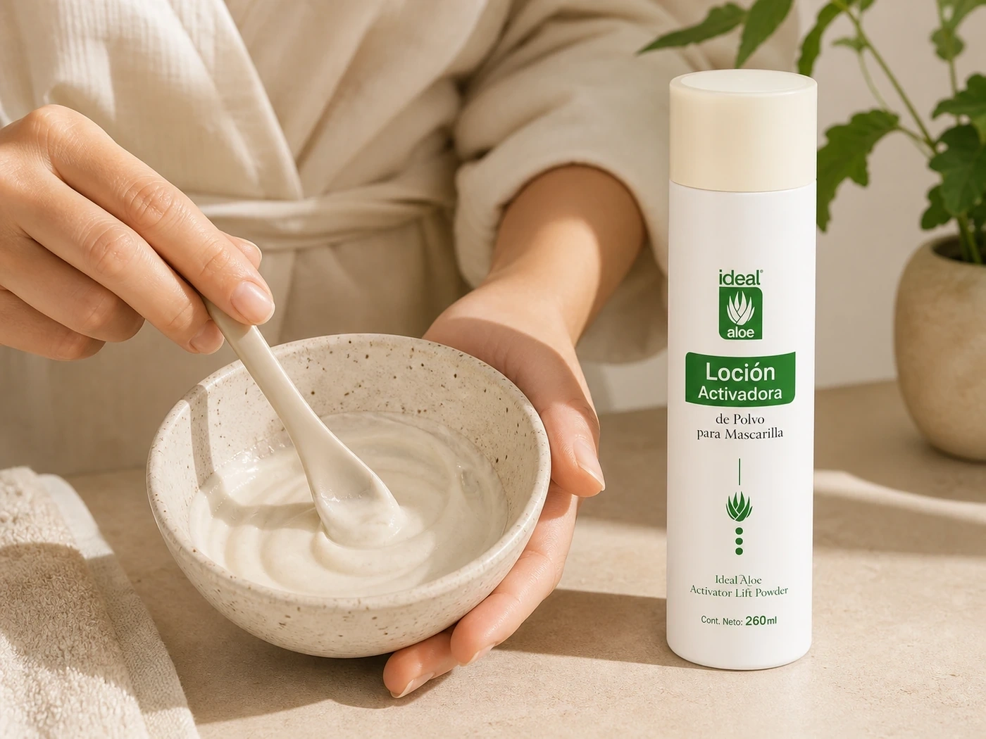 Loción Activadora de Mascarilla mezclada en un cuenco como parte del ritual facial.