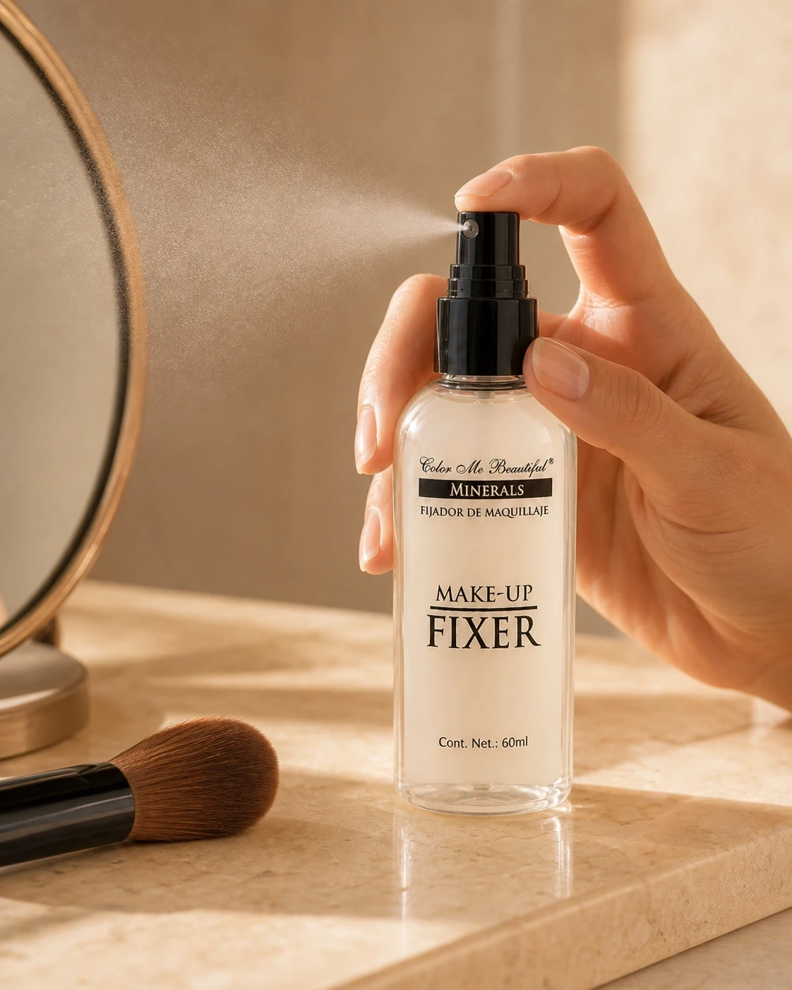 Make Up Fixer aplicado sobre un tocador con espejo y brocha, fotografía editorial de cierre