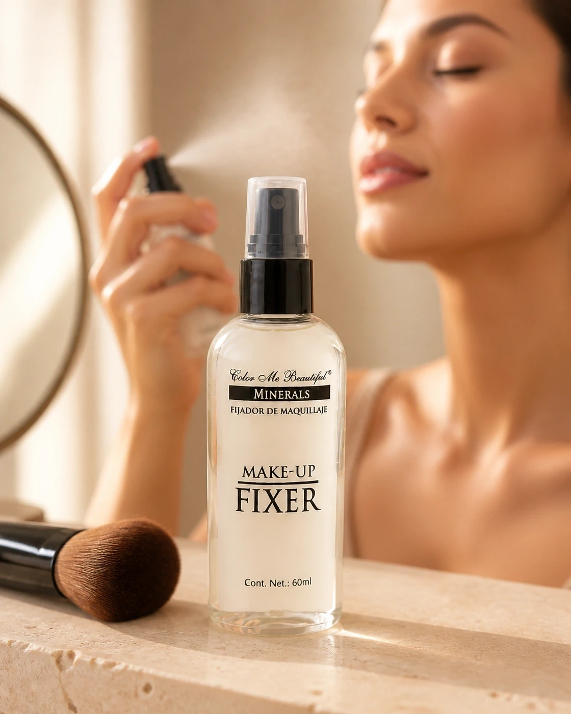 Make Up Fixer sobre tocador junto a brocha, con aplicación de spray al fondo