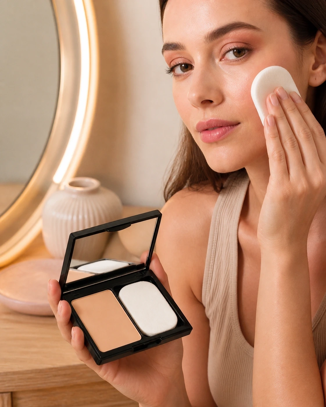 Modelo aplicando maquillaje doble acción con borla y compacto abierto en un tocador cálido