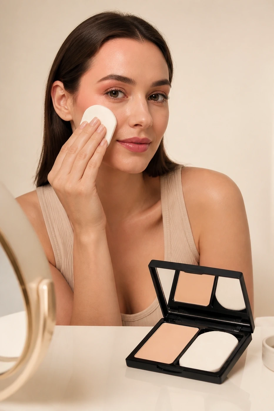 Aplicación de maquillaje doble acción con borla y compacto abierto sobre tocador