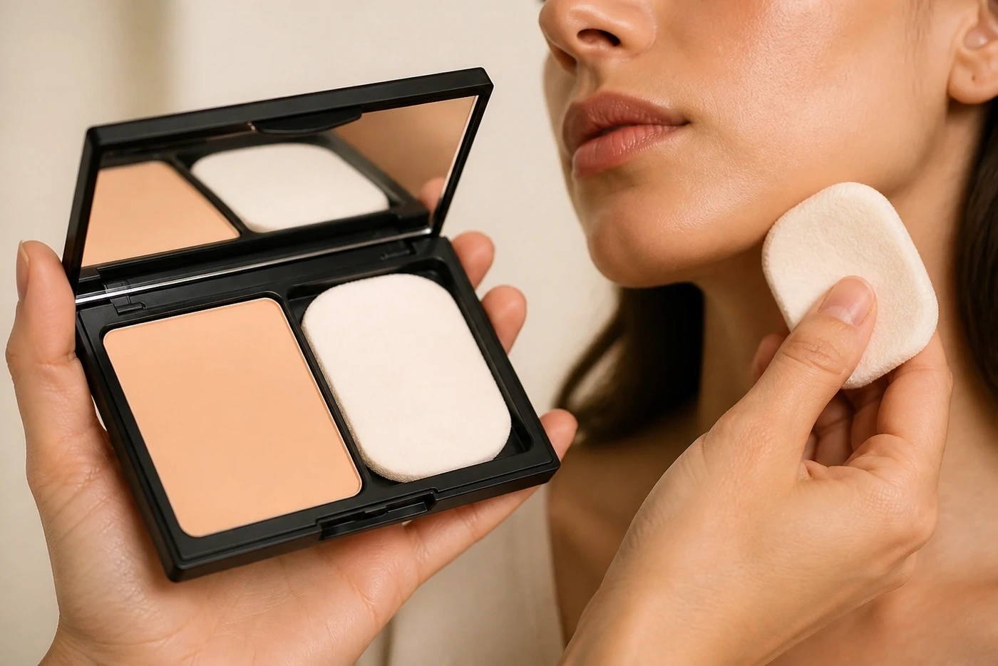 Compacto de maquillaje doble acción sostenido junto a la aplicación de borla en la mandíbula