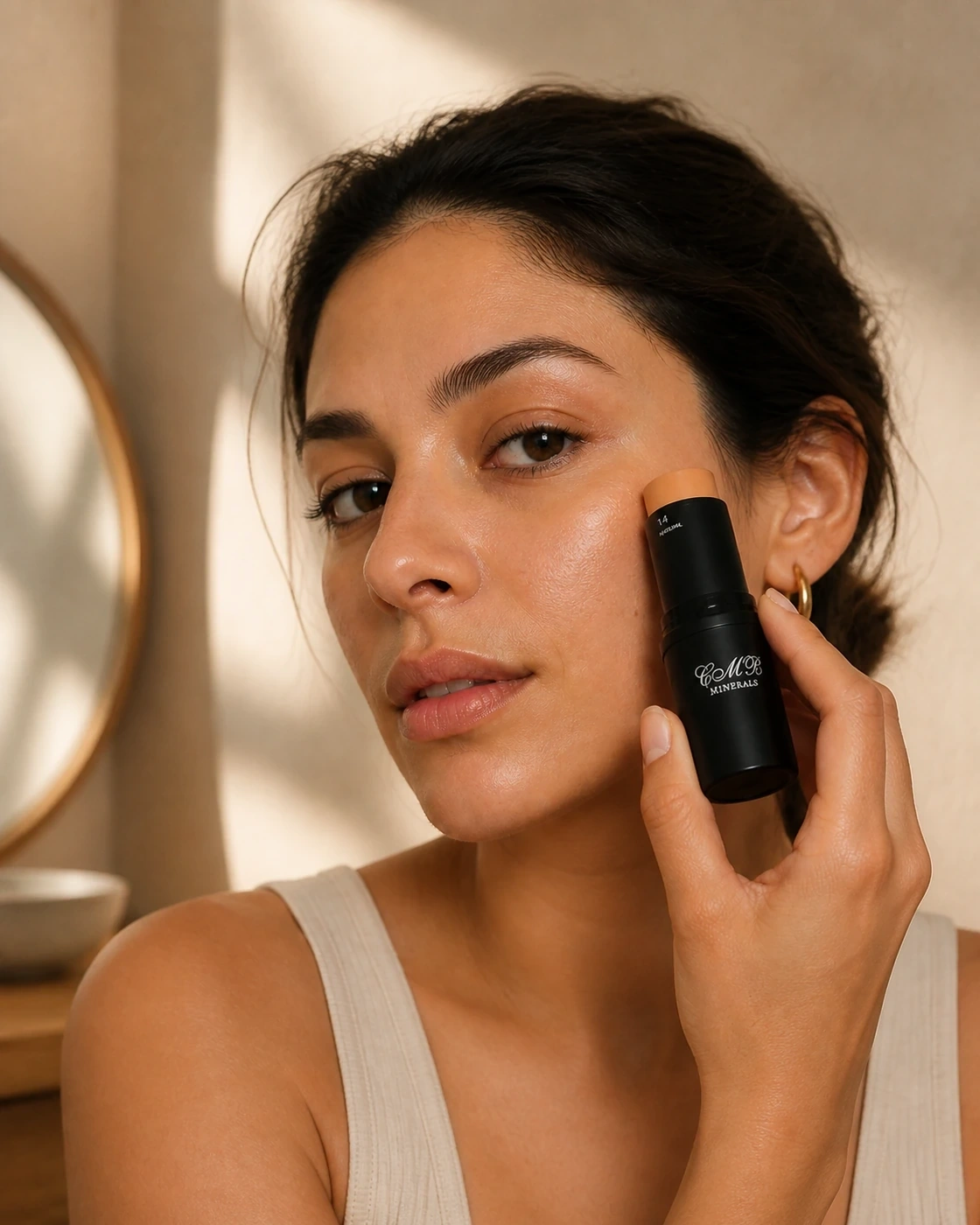 Maquillaje en crema Natural aplicado por una modelo en una escena cálida de tocador, fotografía editorial