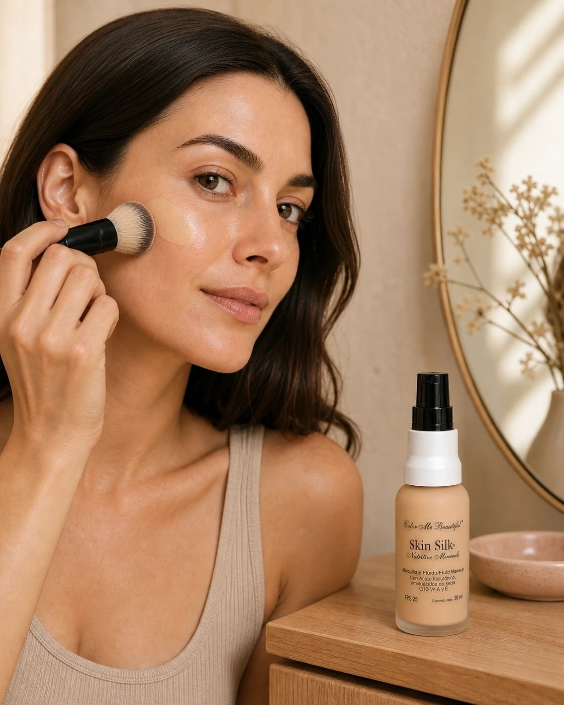 Modelo aplicando maquillaje fluido con brocha junto al frasco Skin Silk frente a un espejo