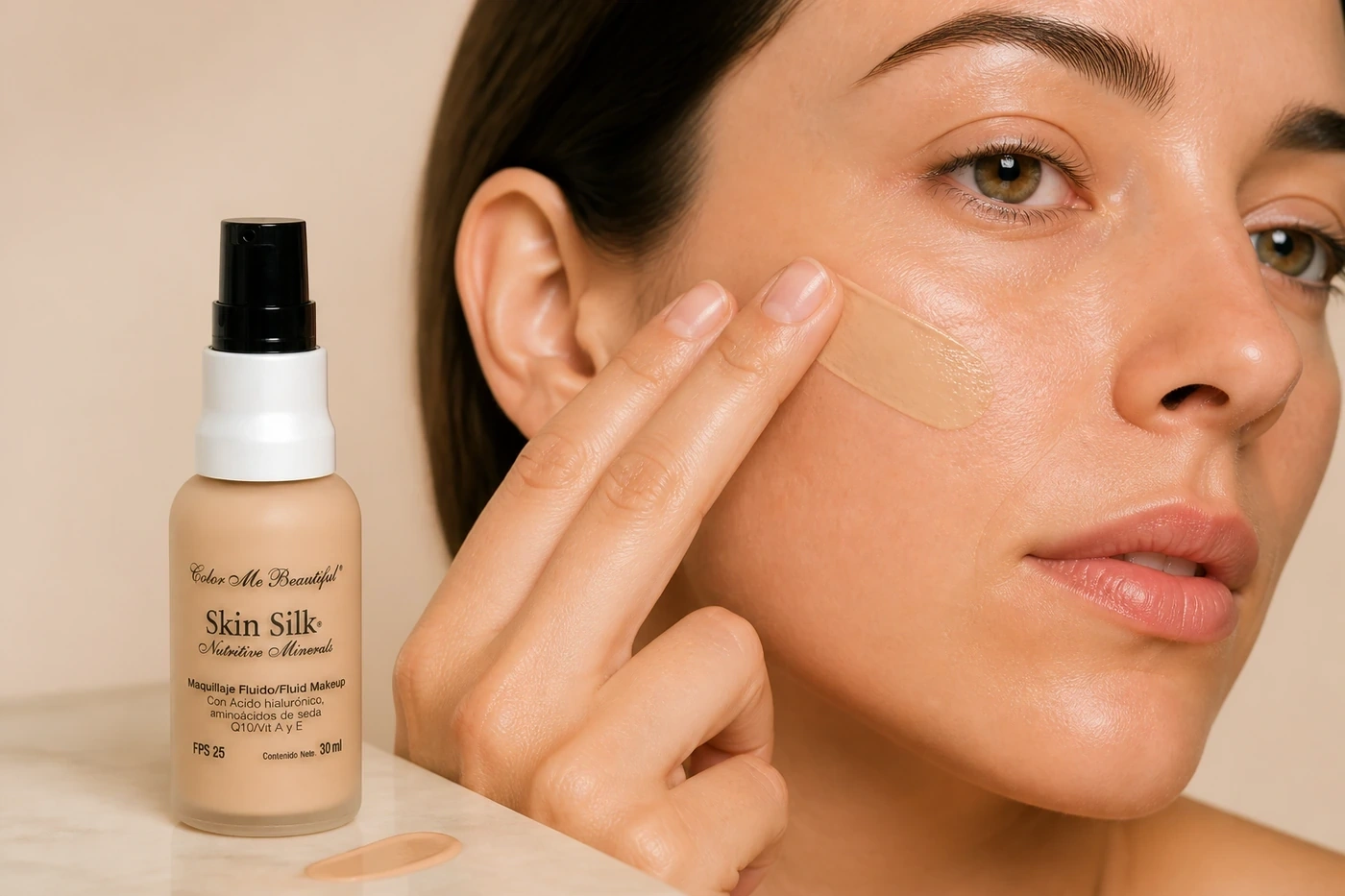Aplicación de maquillaje fluido con los dedos y swatch beige junto al frasco