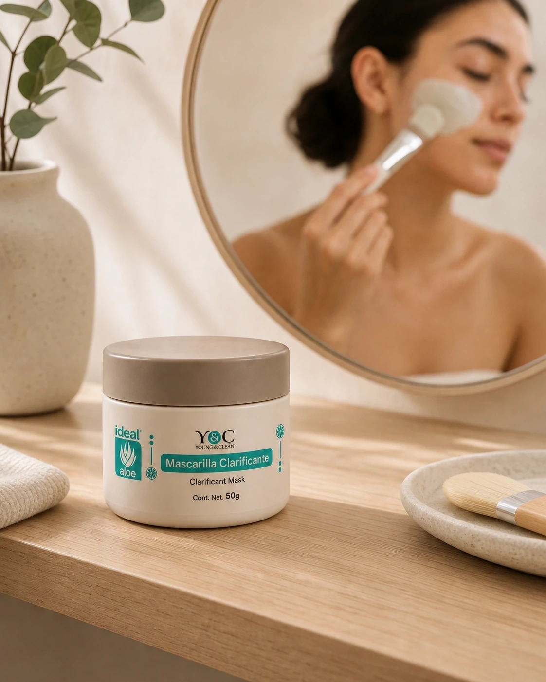 Mascarilla Clarificante Clean & Fresh de Éclat en un tocador frente al espejo con una modelo