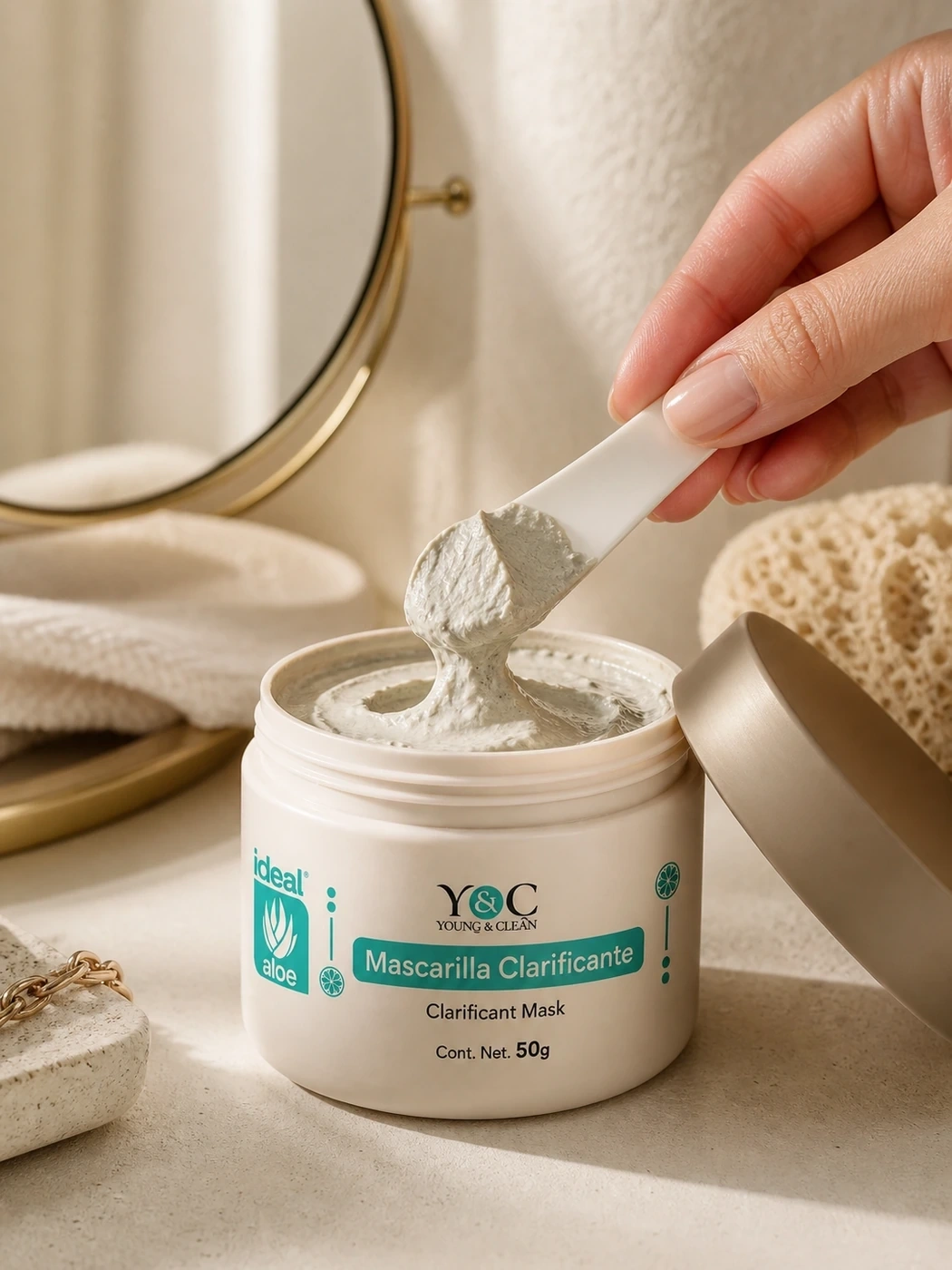Mascarilla Clarificante Clean & Fresh abierta y tomada con espátula cosmética