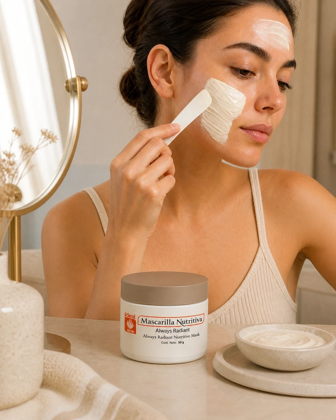 Detalle de la textura de Mascarilla Nutritiva Antiedad junto al tarro en un tocador crema