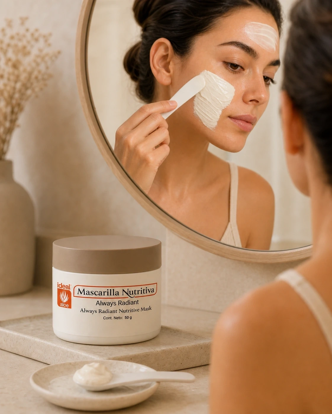 Mascarilla Nutritiva Antiedad aplicada con espátula frente a un espejo en un tocador cálido