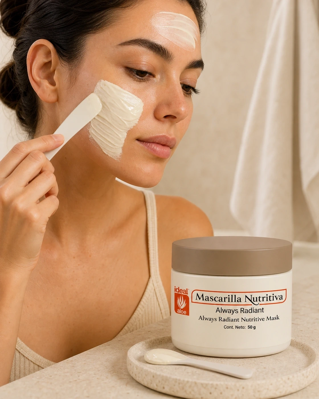 Mascarilla Nutritiva Antiedad aplicada con espátula sobre la mejilla y la frente