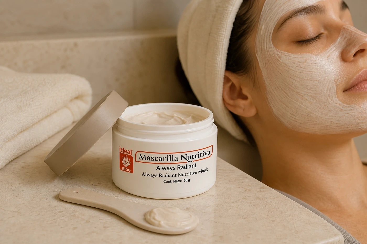 Ritual de Mascarilla Nutritiva Antiedad con el tarro abierto y aplicación facial
