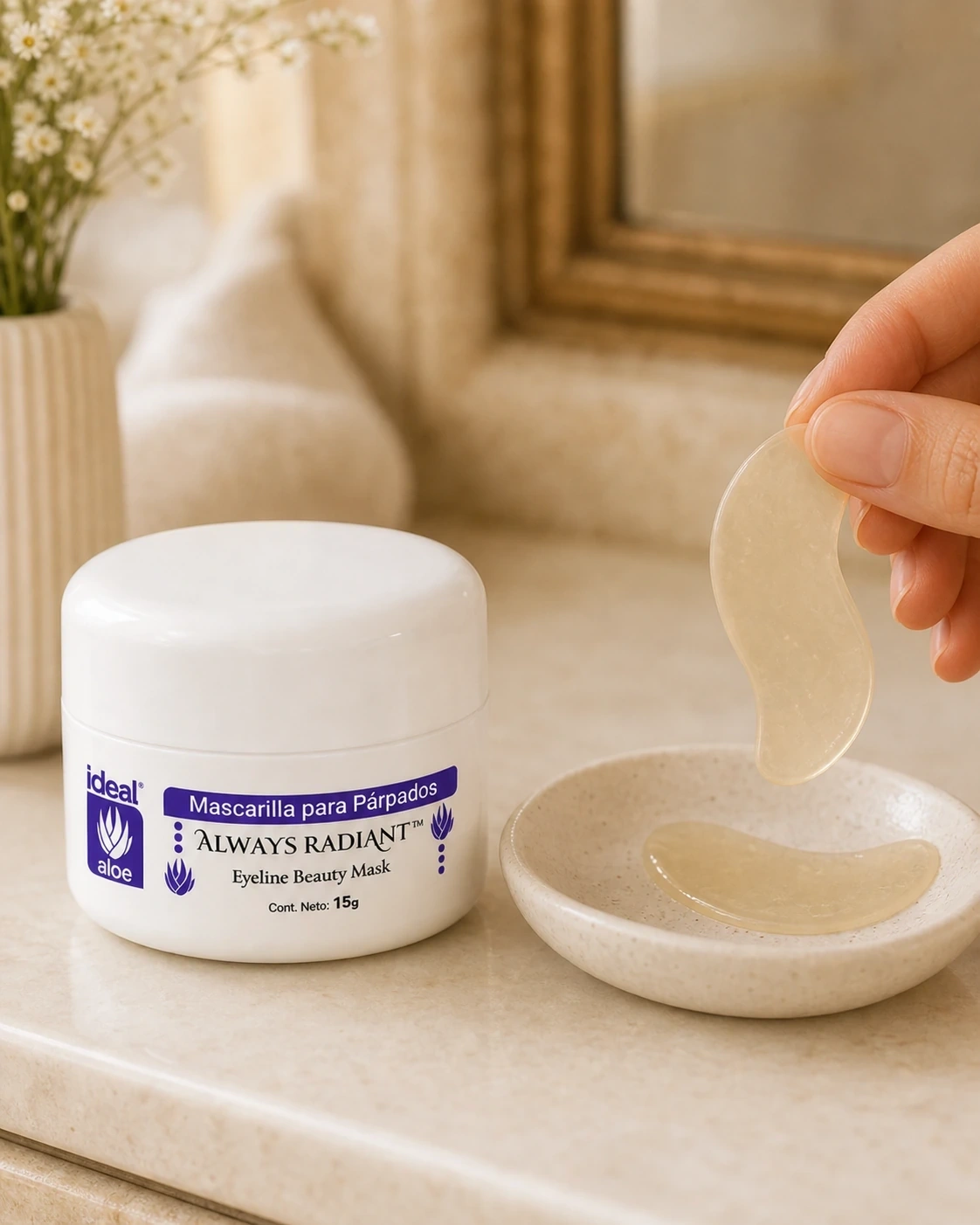 Mascarilla para Párpados Always Radiant junto a un parche de gel levantado sobre un plato de cerámica.