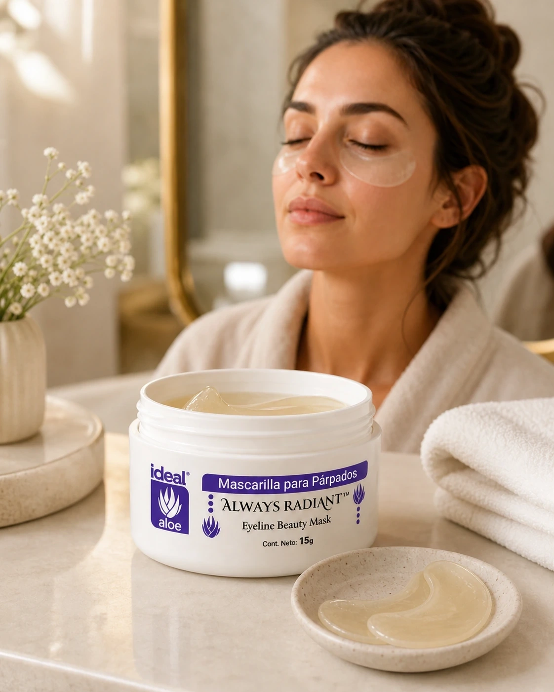Mascarilla para Párpados Always Radiant en un tocador cálido, con parches colocados correctamente bajo los ojos.