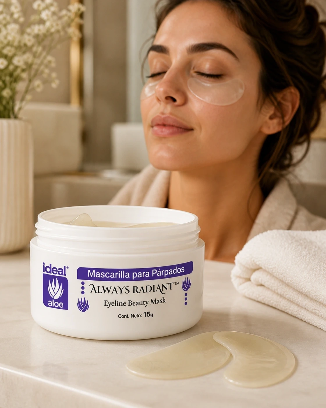 Mascarilla para Párpados Always Radiant con parches bajo los ojos y tarro abierto.