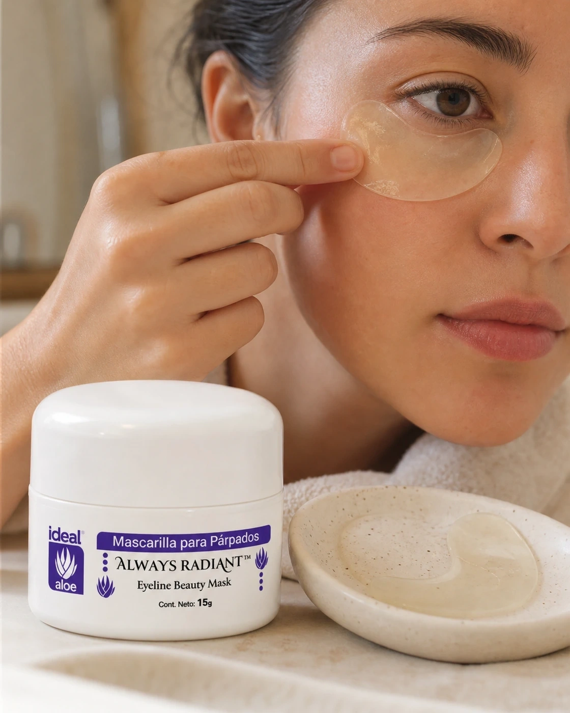 Mascarilla para Párpados Always Radiant colocándose bajo el ojo junto a su tarro.