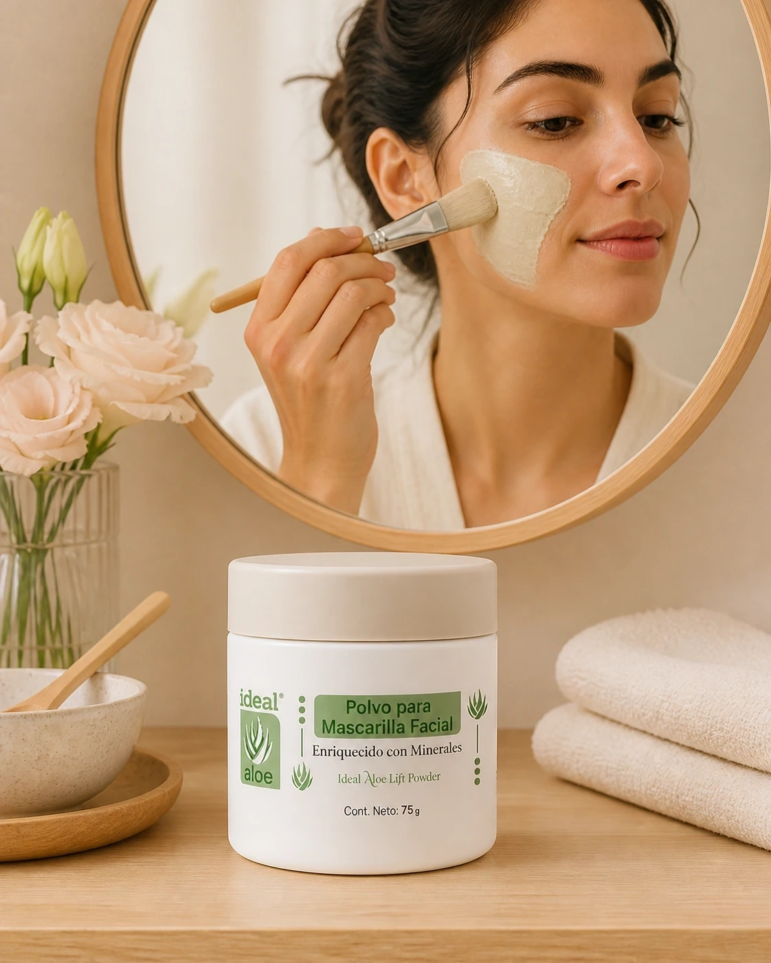 Polvo para Mascarilla Facial junto a una modelo que aplica la mascarilla con brocha frente a un espejo.