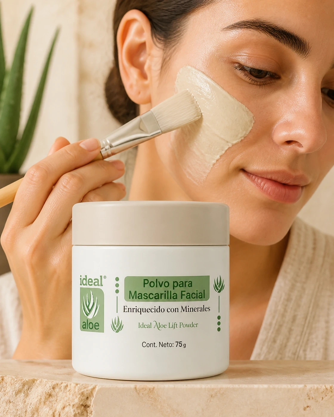 Polvo para Mascarilla Facial aplicado con brocha sobre la mejilla en un ritual facial.