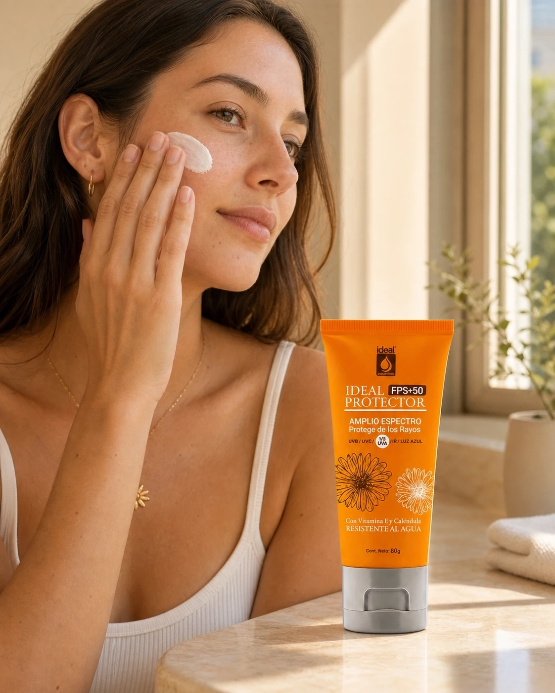 Mujer aplicando protector solar facial FPS 50 junto al tubo naranja sobre una encimera iluminada