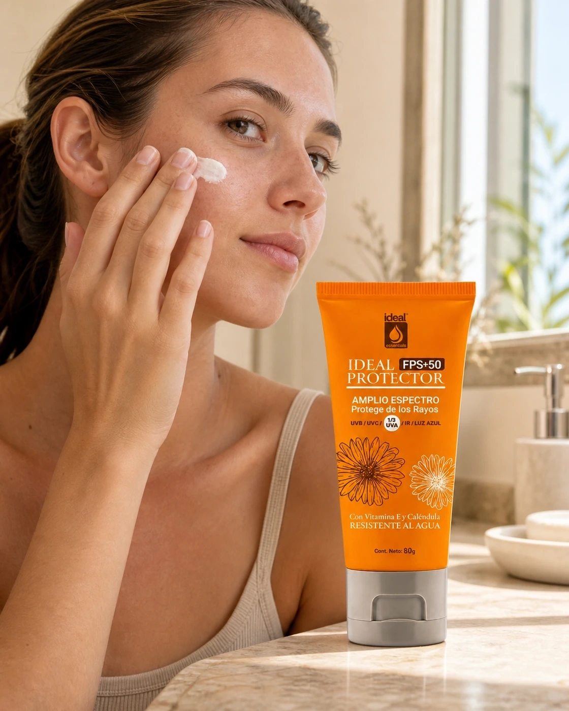 Mujer aplicando protector solar facial FPS 50 junto al tubo naranja sobre una encimera iluminada