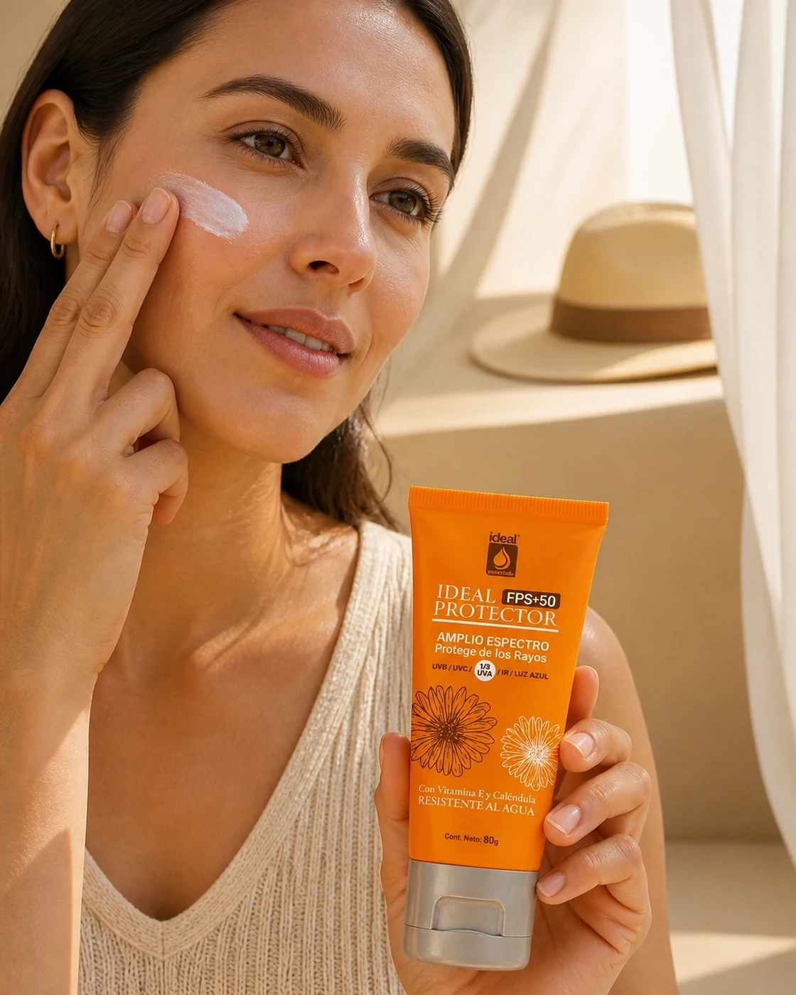 Mujer lista para salir aplicando protector solar FPS 50 y sosteniendo el tubo naranja