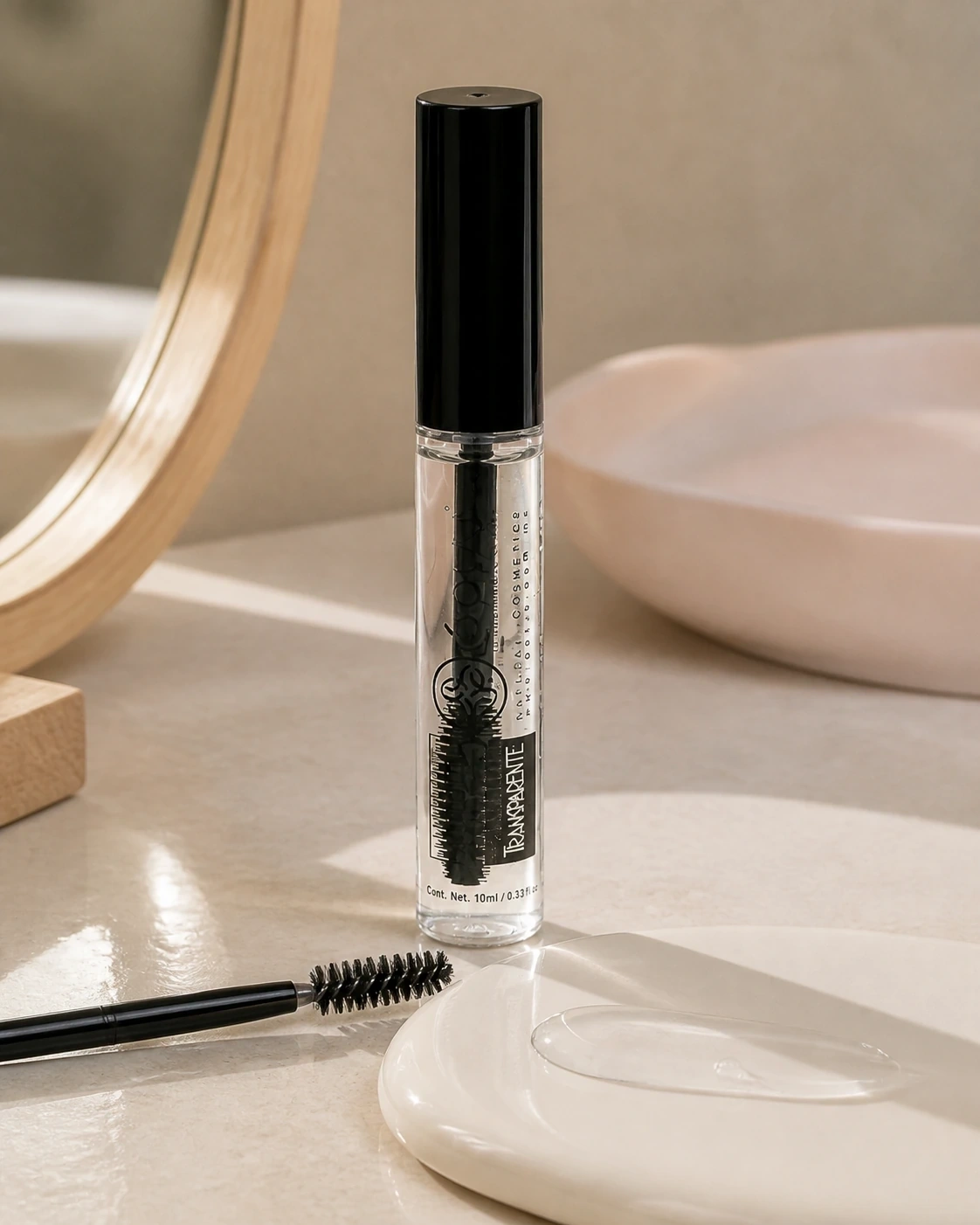 Tubo transparente Eclat para cejas con spoolie y muestra de gel sobre tocador
