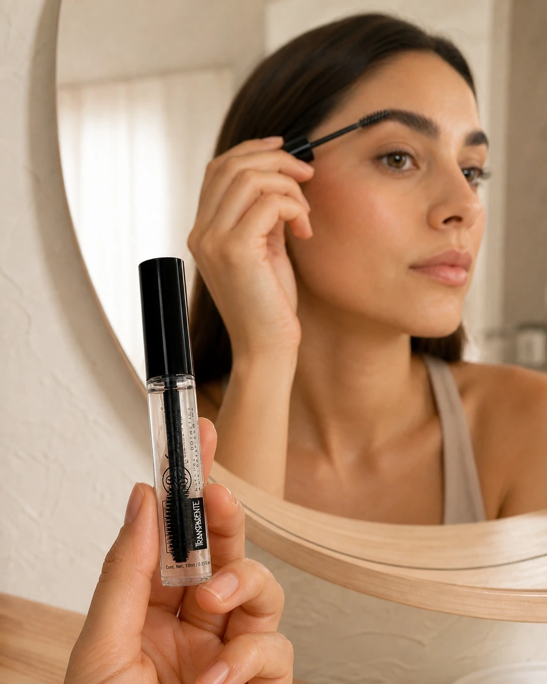 Gel transparente Eclat para cejas usado por una modelo frente a un espejo