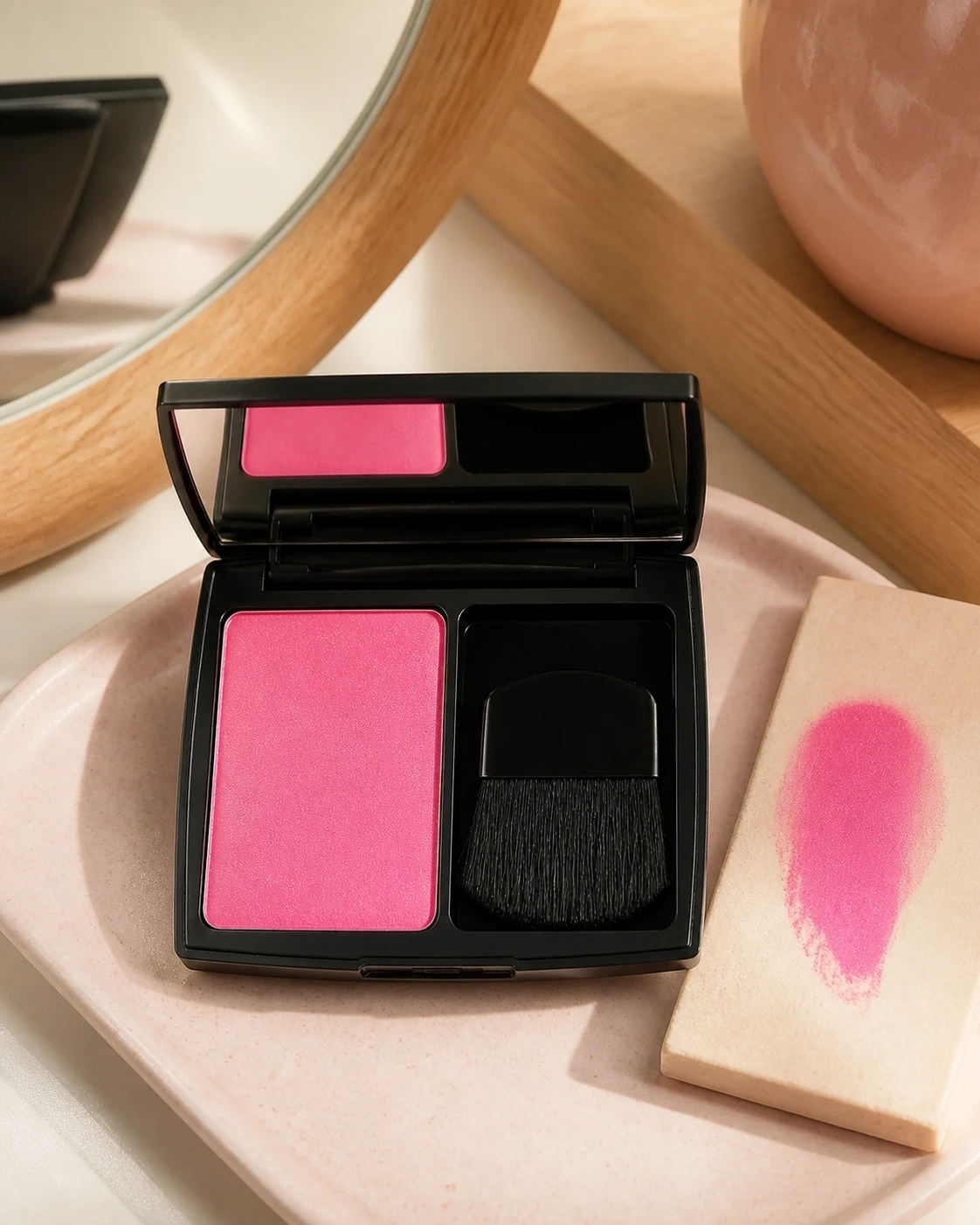 Compacto Rubor Eclat abierto con pan rosa, brocha y muestra sobre tocador