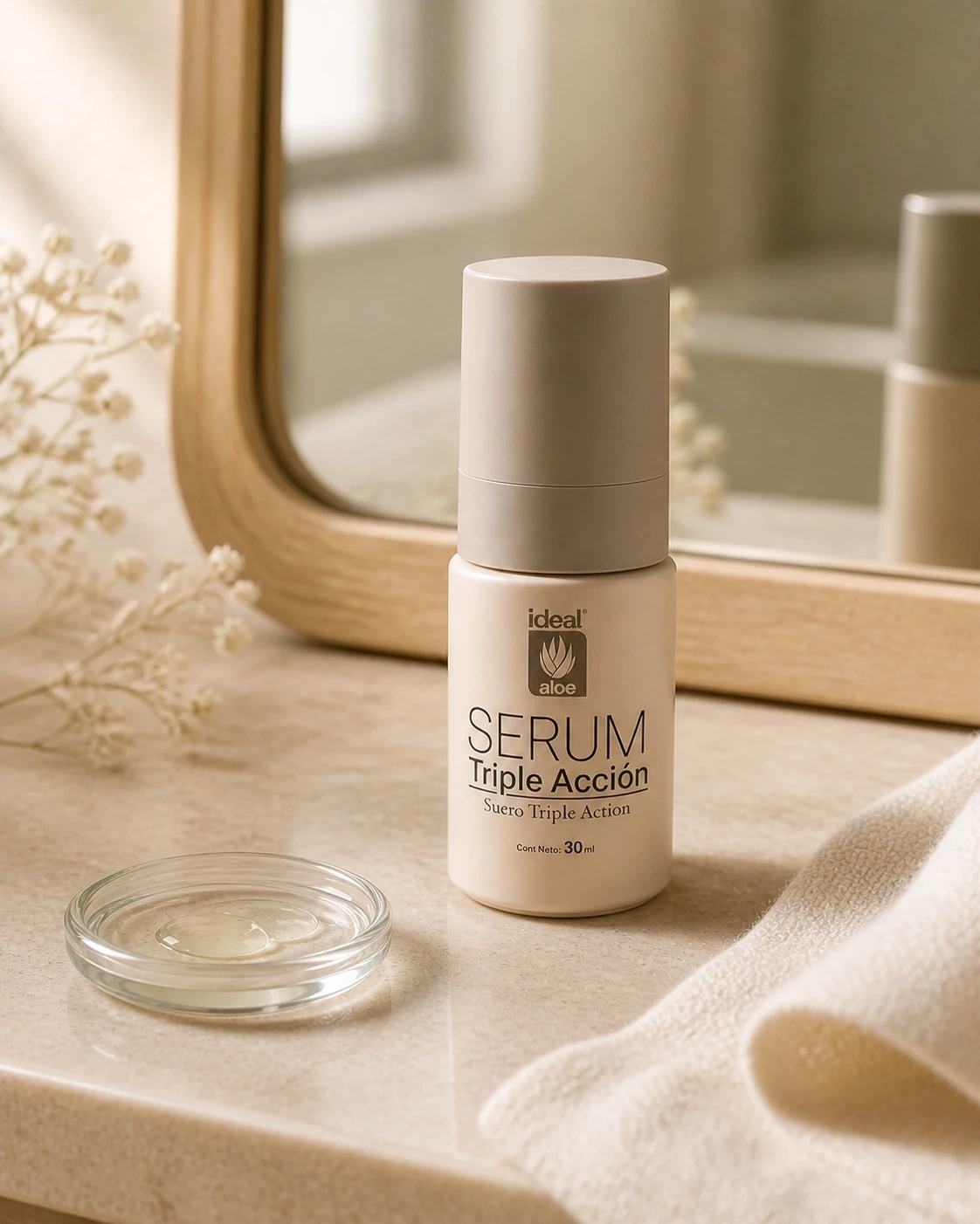Sérum Triple Acción sobre vanity crema frente a espejo con gota de sérum
