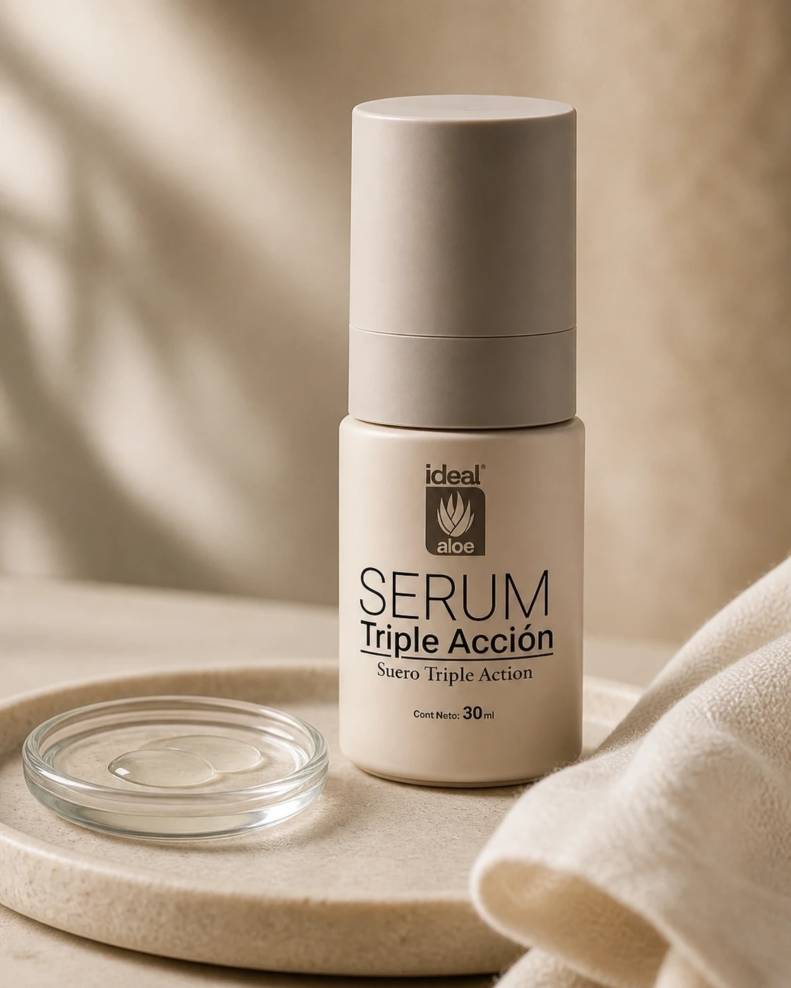 Sérum Triple Acción con gotas de textura sobre vanity crema