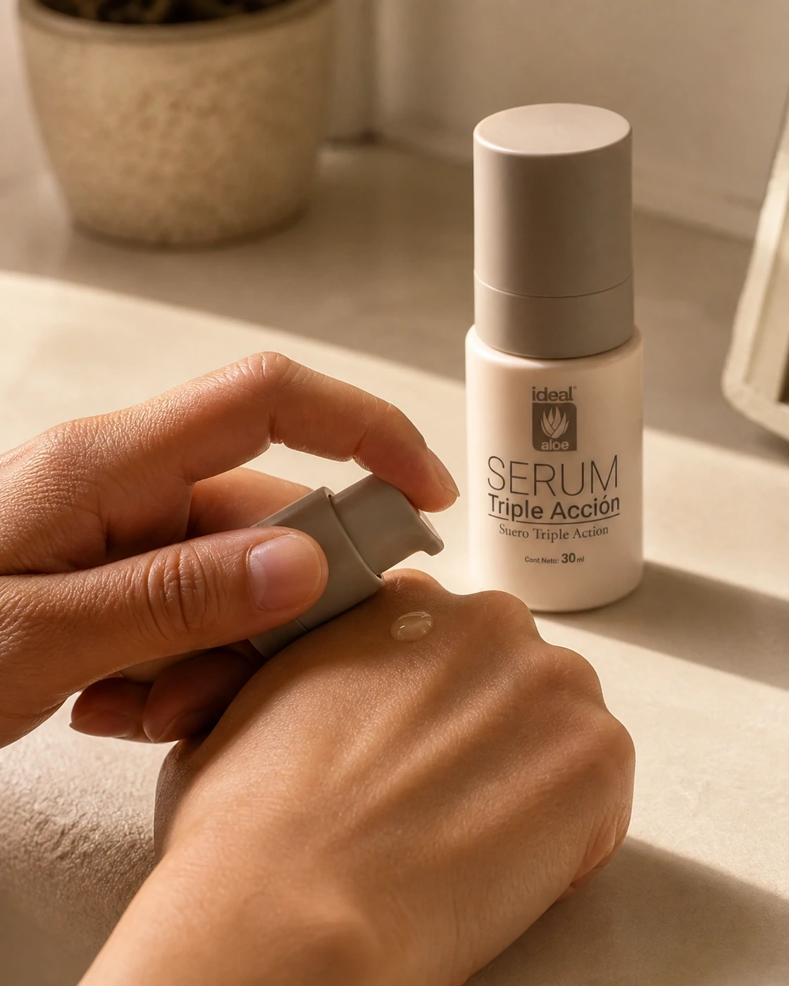 Aplicación de Sérum Triple Acción sobre el dorso de la mano