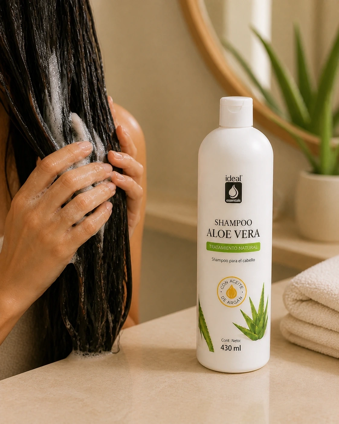 Detalle de Shampoo Aloe Vera con espuma entre cabello húmedo.