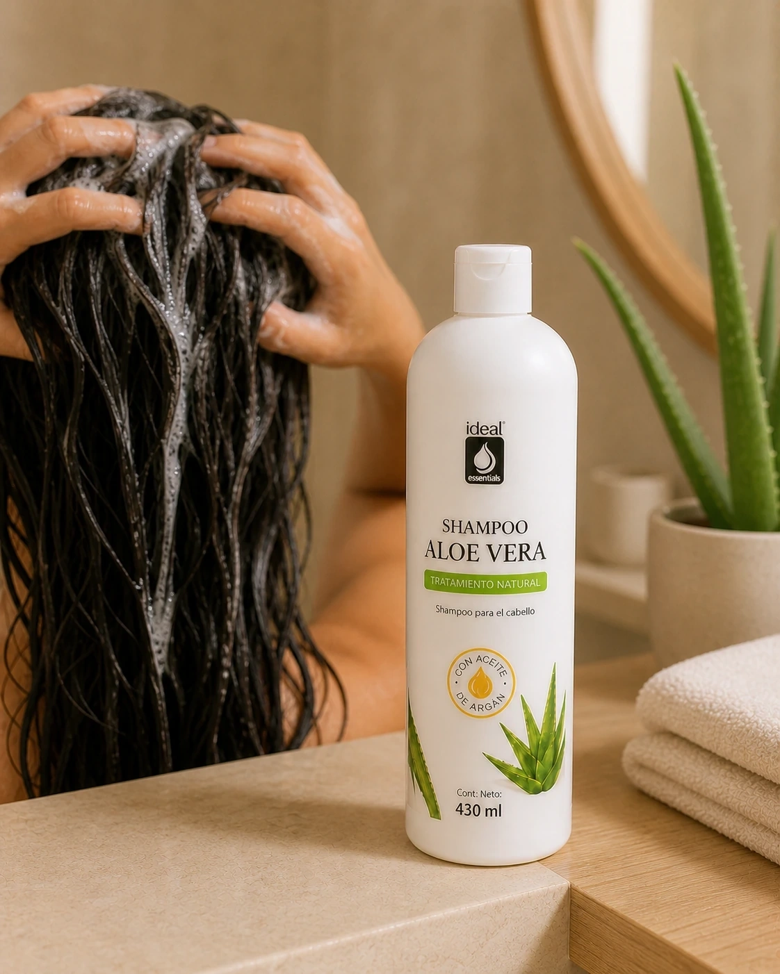 Shampoo Aloe Vera en un tocador cálido junto a una rutina de lavado capilar.