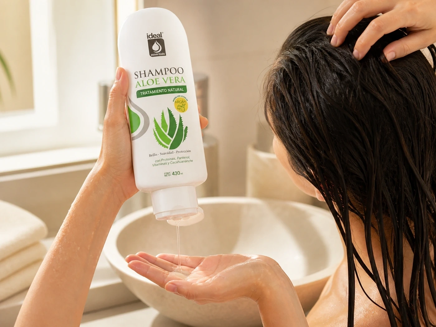 Persona dispensando Shampoo Aloe Vera sobre la mano junto al cabello húmedo.