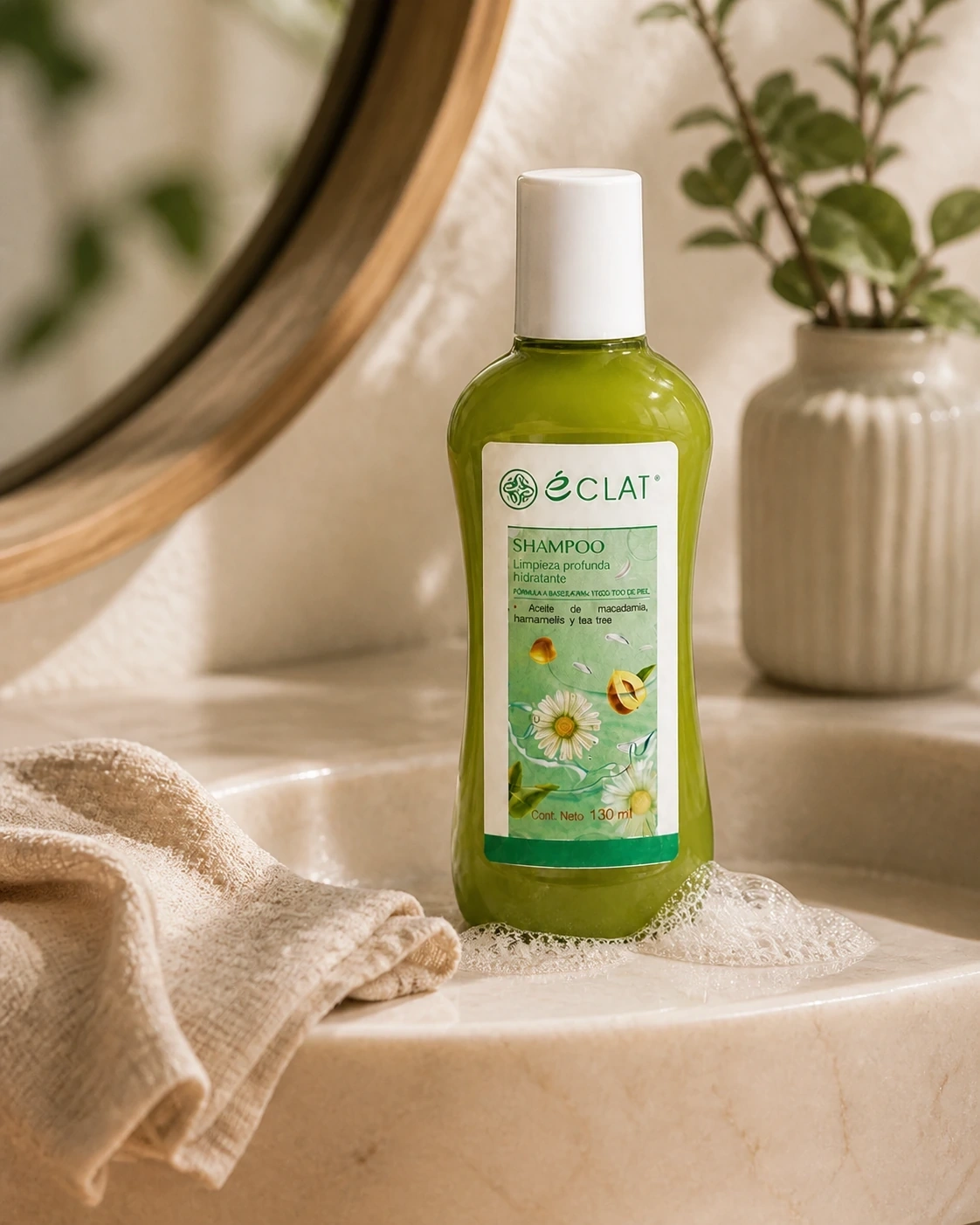 Shampoo facial de Tea Tree Éclat sobre un lavabo de piedra con espuma y toalla