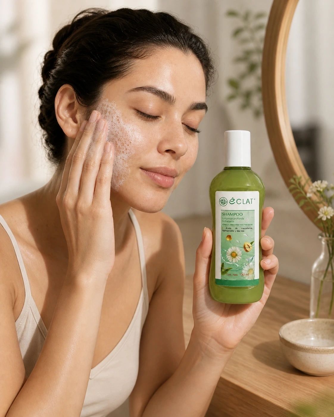 Shampoo facial de Tea Tree Éclat junto a una modelo con espuma en la mejilla