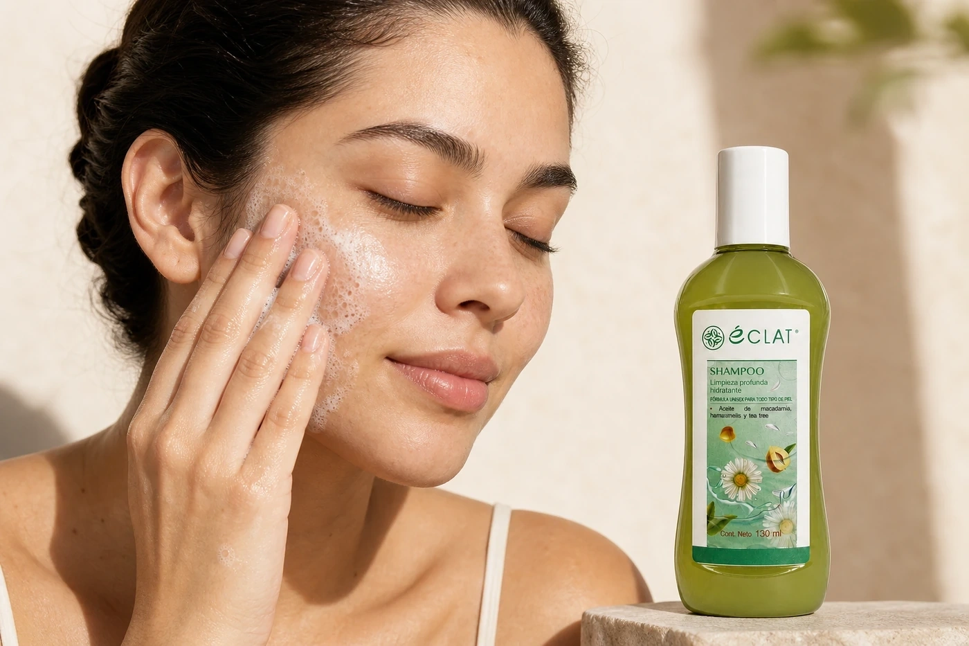 Shampoo facial de Tea Tree Éclat aplicado con espuma sobre la mejilla